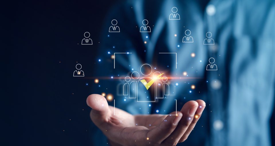 HRM or Human Resource Management, Businessman holding magnifier select and accept to manager icon which is among staff icons for human development recruitment leadership and customer target group.